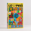 Colourful puzzle box with various designs and text on a white background