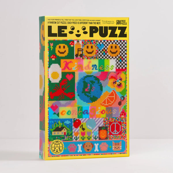 Colourful puzzle box with various designs and text on a white background
