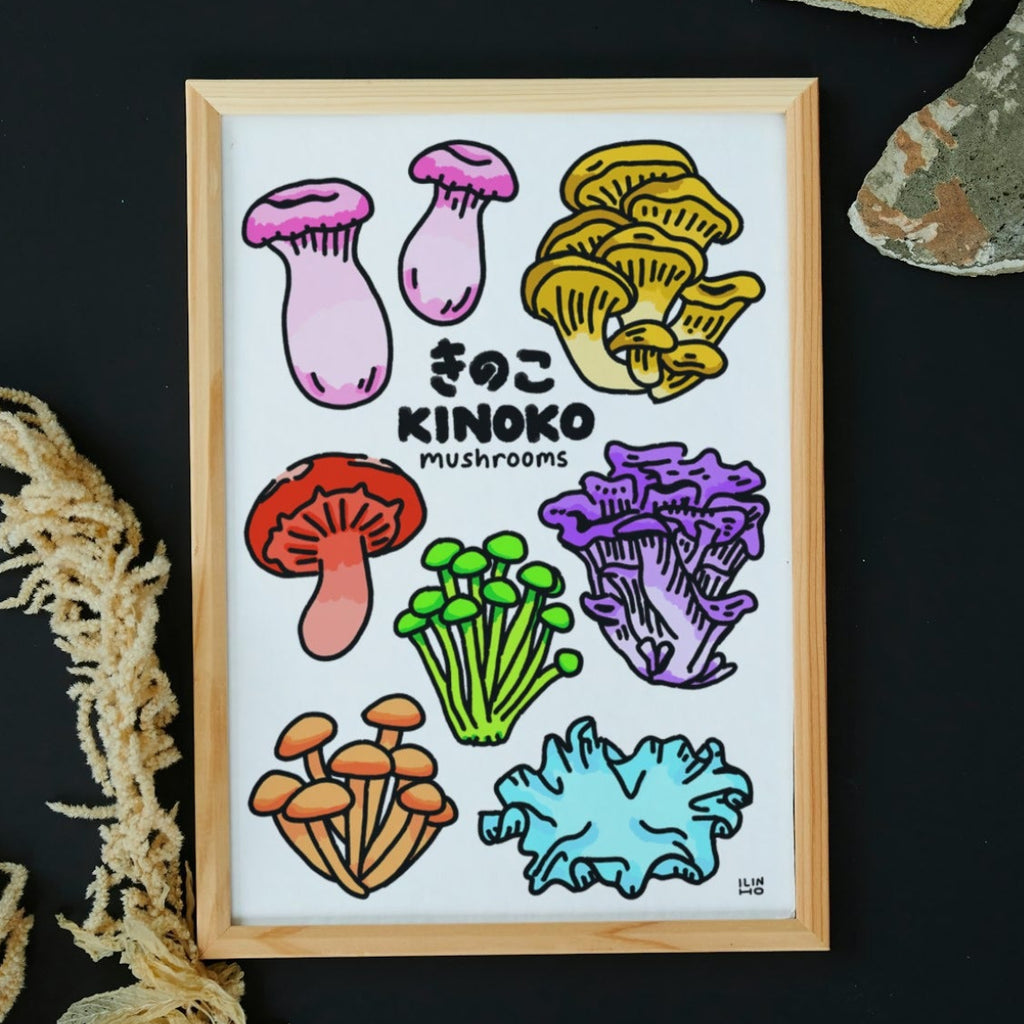 A framed art print featuring colorful illustrations of Japanese kinoko mushrooms, displayed on a dark background with dried moss and stone props.