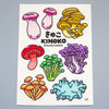 A rectangular art print featuring colourful illustrations of various mushroom species with the text 'KINOKO mushrooms' in English and Japanese. The print is displayed flat against a neutral grey background.