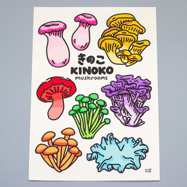 A rectangular art print featuring colourful illustrations of various mushroom species with the text 'KINOKO mushrooms' in English and Japanese. The print is displayed flat against a neutral grey background.