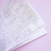 Pages of black line drawing of cute cartoons. 