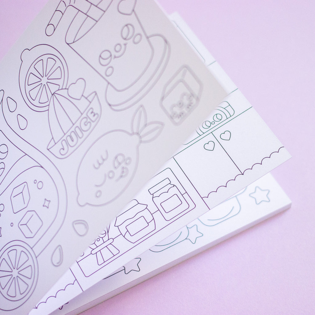 Pages of black line drawing of cute cartoons. 