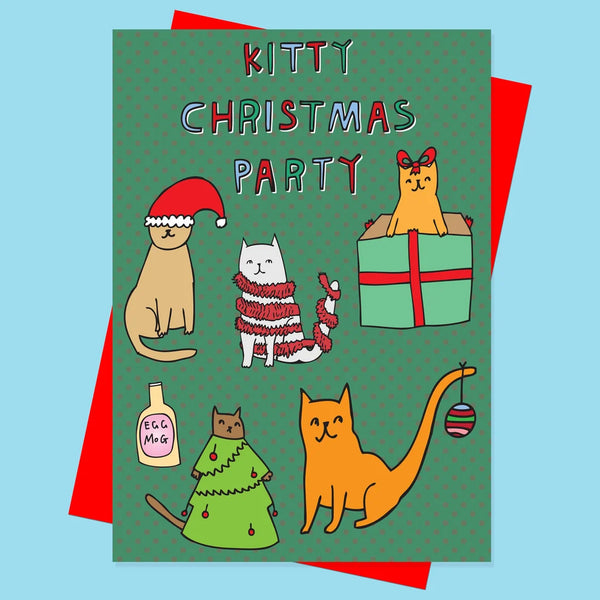 A festive greeting card design with the words “KITTY CHRISTMAS PARTY” on a green patterned background, surrounded by illustrated cats in holiday outfits and gifts, with red envelopes visible behind it on a light blue background.