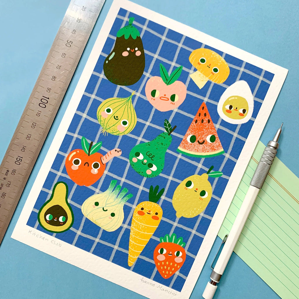 Illustrated fruit and vegetable characters on a grid background with a ruler and pen.