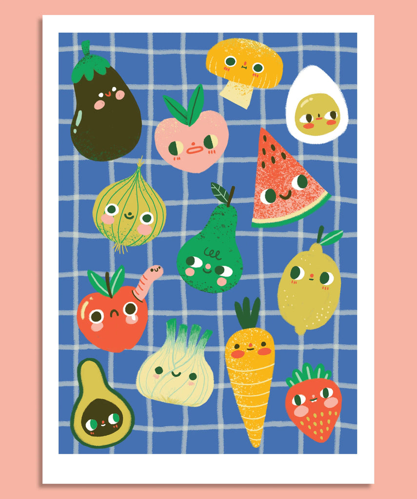 Illustrations of fruits and vegetables with faces on a blue checkered background
