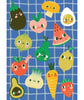 Cartoon fruits and vegetables on a blue grid background