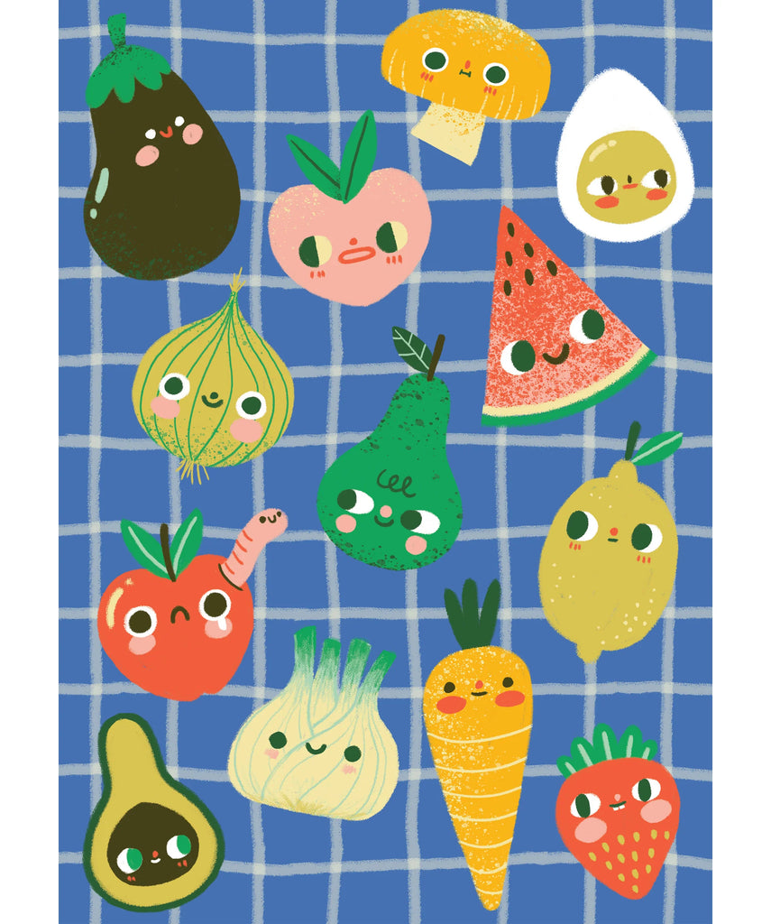 Cartoon fruits and vegetables on a blue grid background