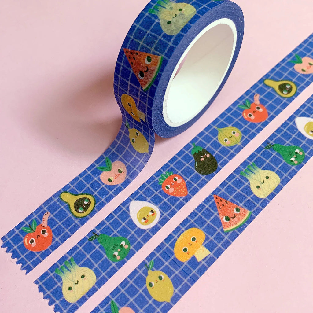 Decorative tape with cartoon fruit design on a pink background