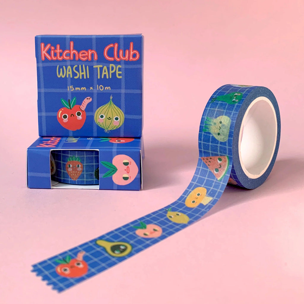 Kitchen Club washi tape with colourful fruit designs on a pink background