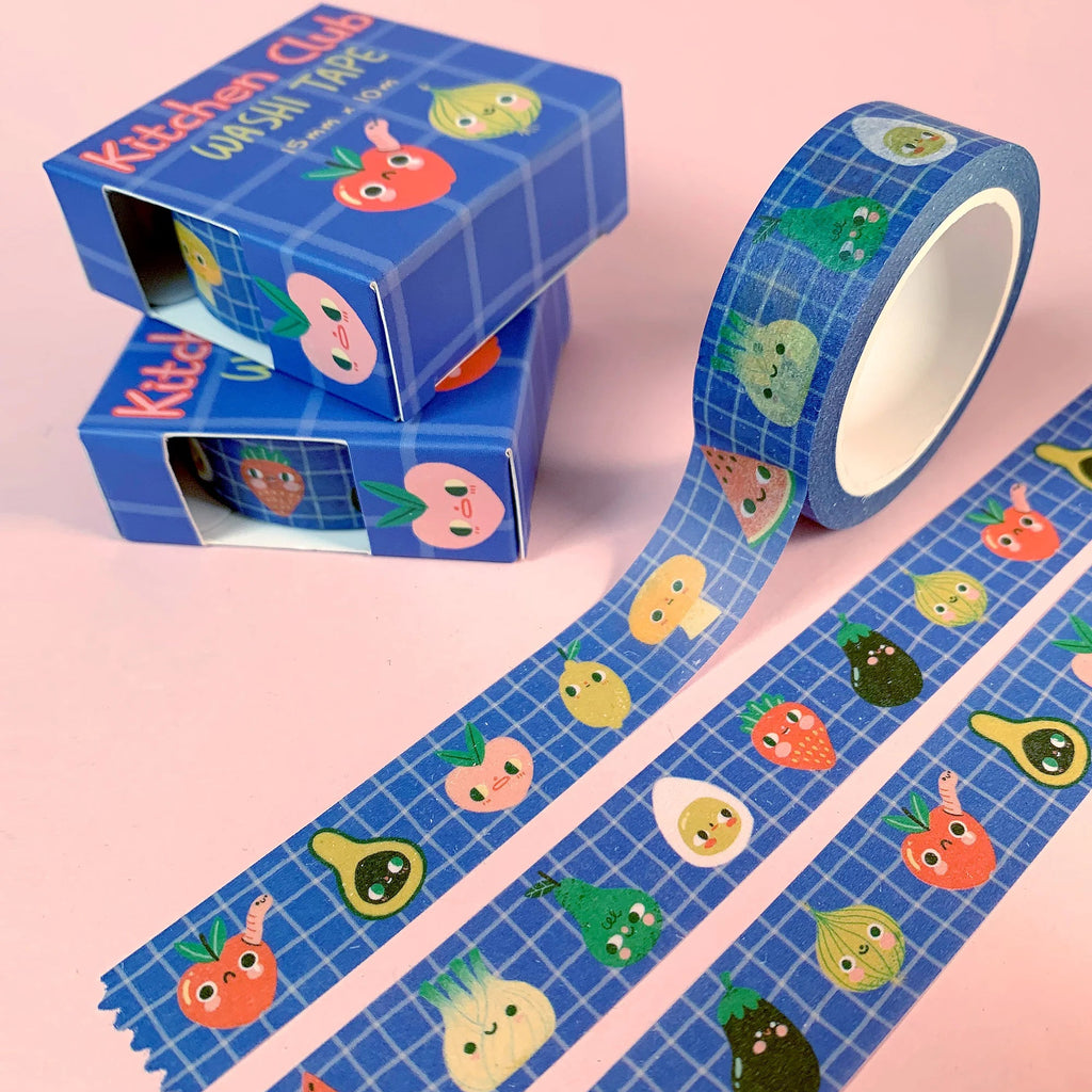 Washi tape with cute fruit designs on a pink background