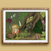 A framed art print featuring a whimsical illustration of a frog washing its clothes in a forest setting with a treehouse door, mounted on a beige wall.