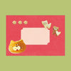 A rectangular postcard featuring cute cat illustrations, including a large smiling cat face in the bottom-left corner, three small flower shapes at the top-left, two small cat figures at the top-right, and a blank pale pink rectangular panel in the center, all set against a light green background.