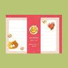 A stationery letter set, featuring a central red band with a cute cartoon cat illustration and text, flanked by two white lined writing sheets with strawberry and cat-themed borders on a light green background.