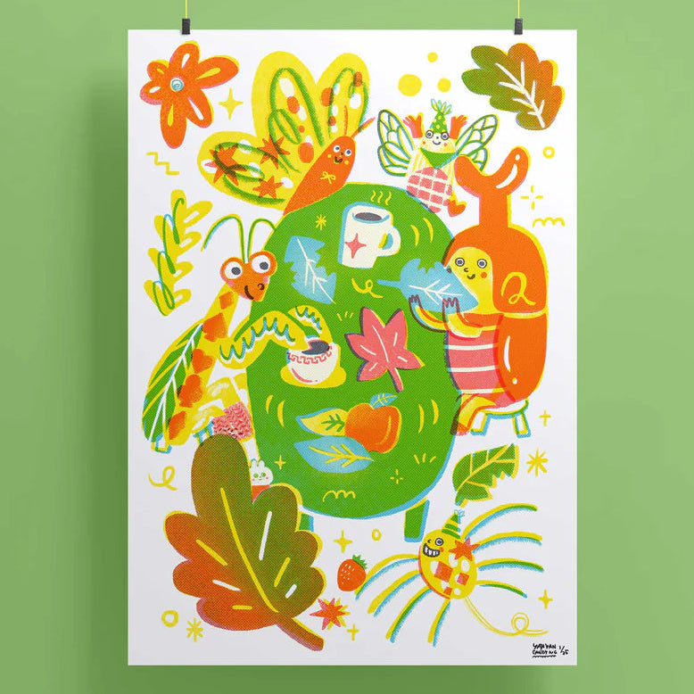 Riso print with illustrations colourful cartoon on a white background