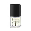 Clear nail polish bottle with black cap on a white background