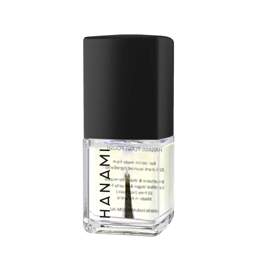 Clear nail polish bottle with black cap on a white background
