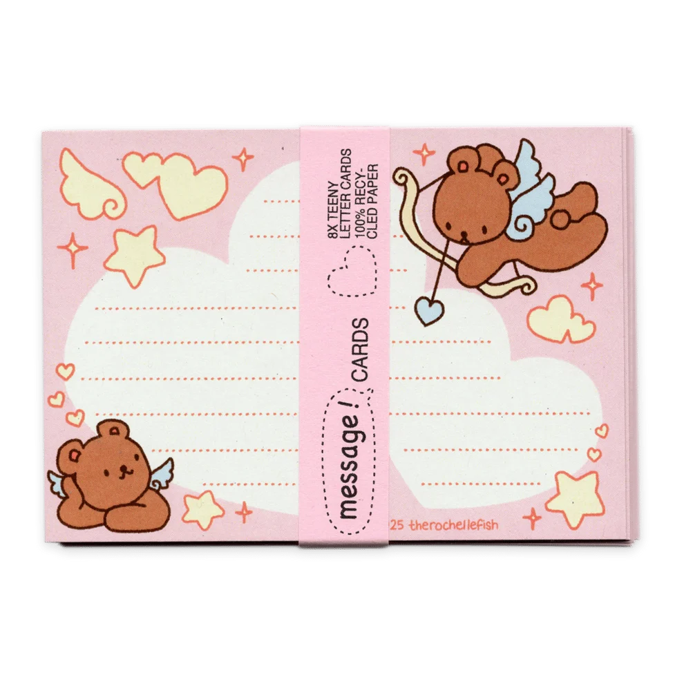 A pink pack of cute message cards featuring cartoon teddy bears, clouds, stars, and hearts, wrapped with a pink paper band labeled 'message cards'.