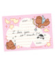 A cute pink message card featuring cartoon teddy bears, hearts, stars, and writing sections with handwritten-style text including 'I love you so much!!' and 'xoxo.