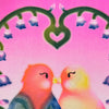 A stylised pink illustration featuring two small birds facing each other, with a heart-shaped vine and bell-shaped flowers above them.