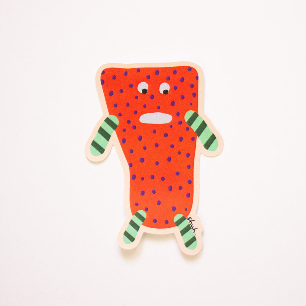 Mabel, a watermelon monster. Red body and green arms and legs. 