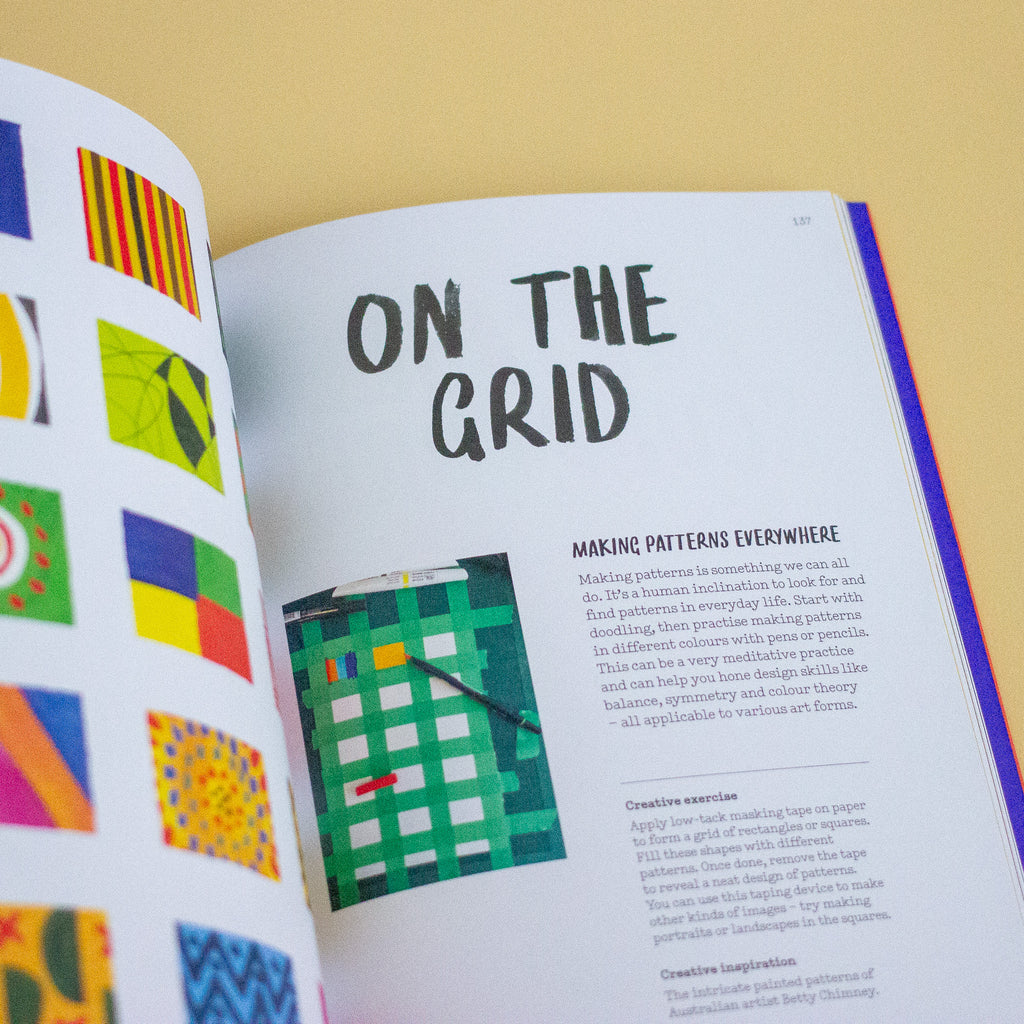 Book with writing and pictures of patterns on a yellow background