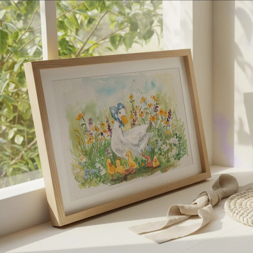 A framed watercolour painting of a duck and ducklings in a flower field, styled on a sunlit windowsill next to a ceramic mug on a woven coaster.