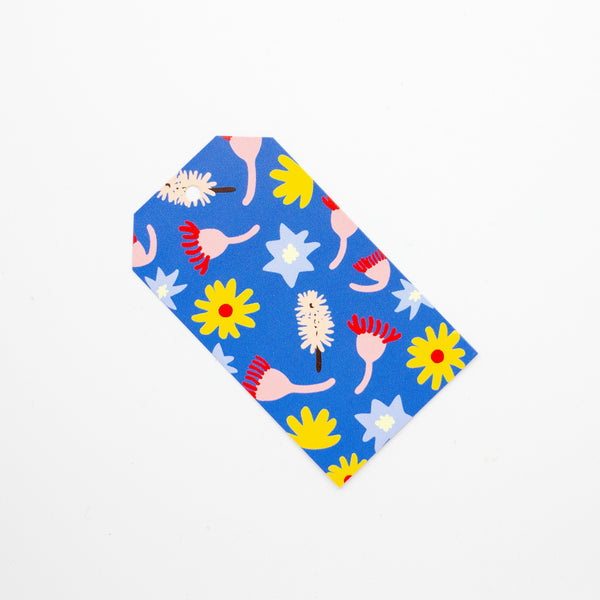 Colourful floral and abstract patterns on a blue background