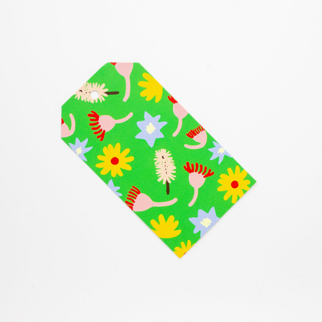 Colourful floral and abstract design on a green background