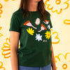 Front view of the meadow tee. Green coloured tee with printed native flowers.