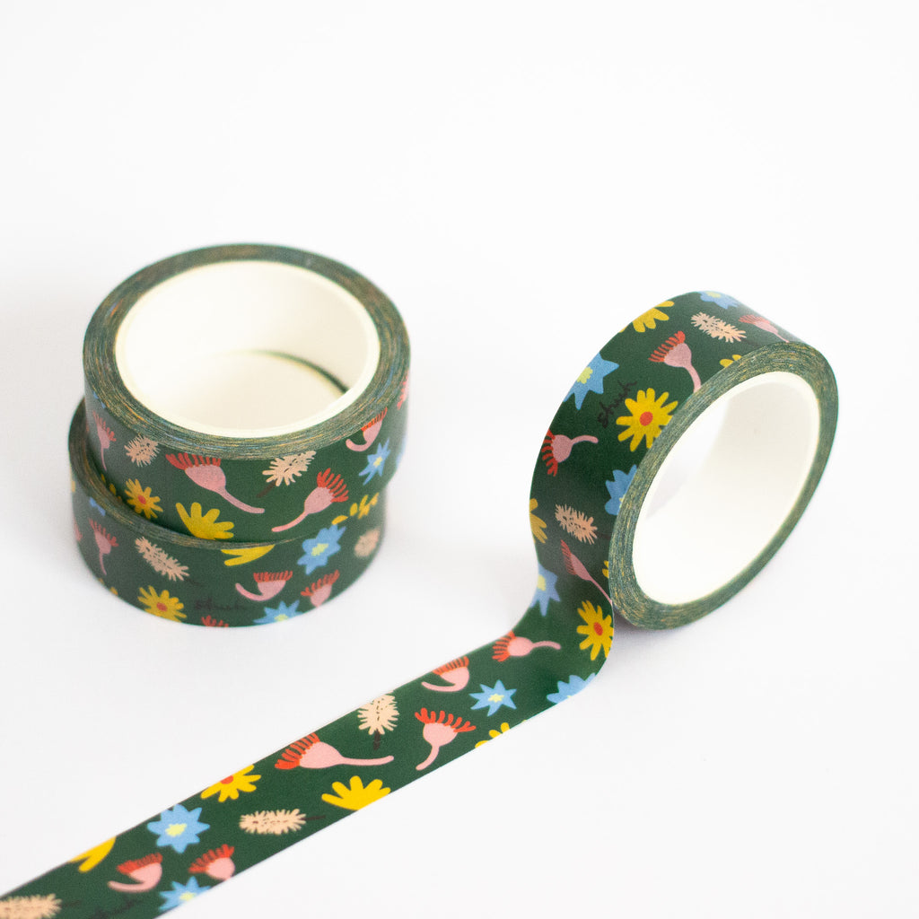 3 rolls of Meadow washi tape. Native flowers on a green background. 
