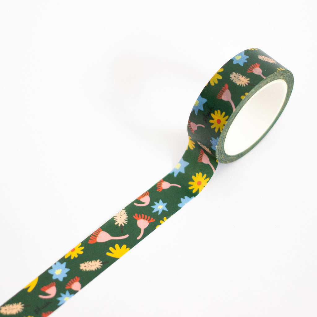Meadow washi tape. Native flowers on a green background. 