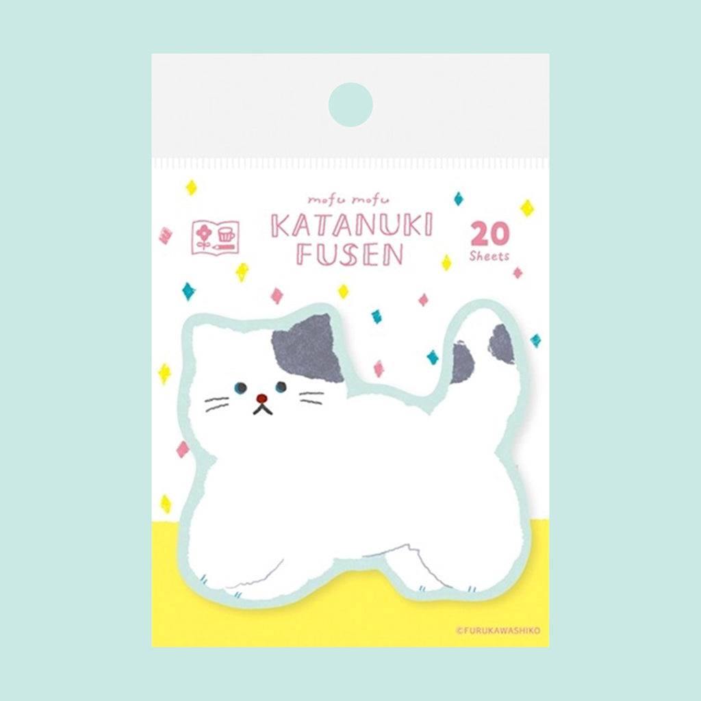 A package of 20 cute white cat-shaped sticky note sheets with grey patches, displayed on a light mint green background. The packaging features a white cat illustration and the text 'mofu mofu KATANUKI FUSEN 20 Sheets'.