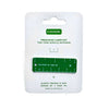 A green acrylic keychain ruler with white markings, mounted on a white retail card with the brand name 'minirule' and product text.