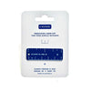 A precision laser-cut two-tone acrylic keychain ruler, shown in its original white cardboard packaging with blue text and branding.