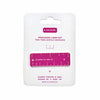 A two-tone acrylic keychain ruler in magenta and white, mounted on a white cardboard hanger card with printed product details.