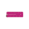 A pink metal pocket ruler with white markings and a silver split ring, featuring the text 'minirule by ruby ph' on a plain white background.
