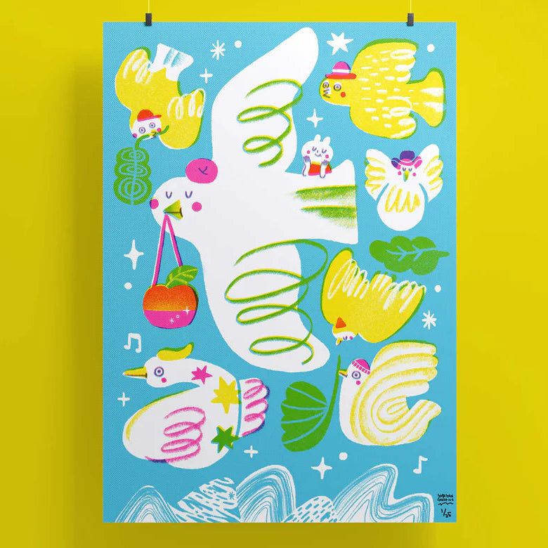 Riso print with illustrations colourful cartoon on a blue background