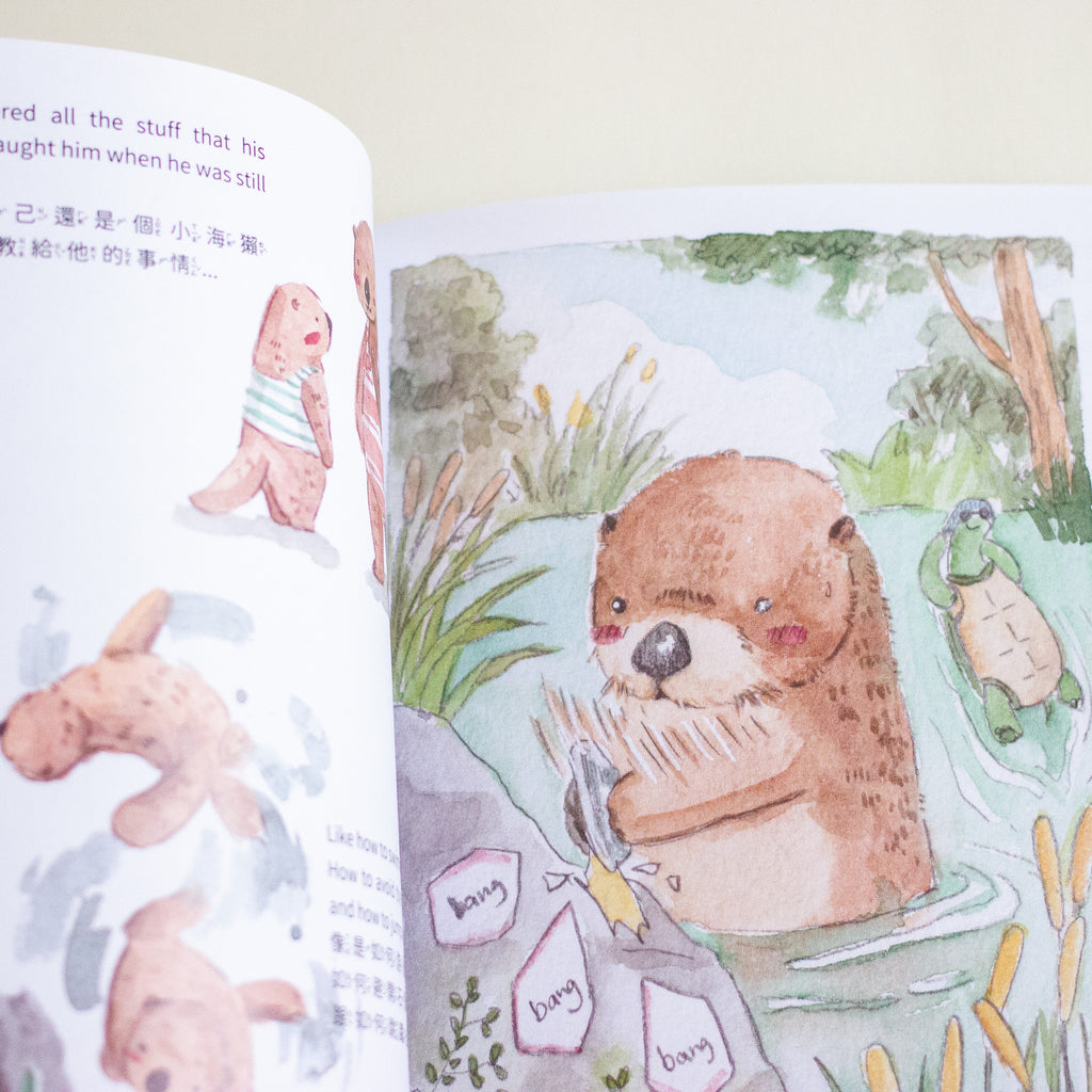 An open children's book showing a watercolour-style illustration of an otter in shallow water, with partial text and additional illustrated figures on the left page.