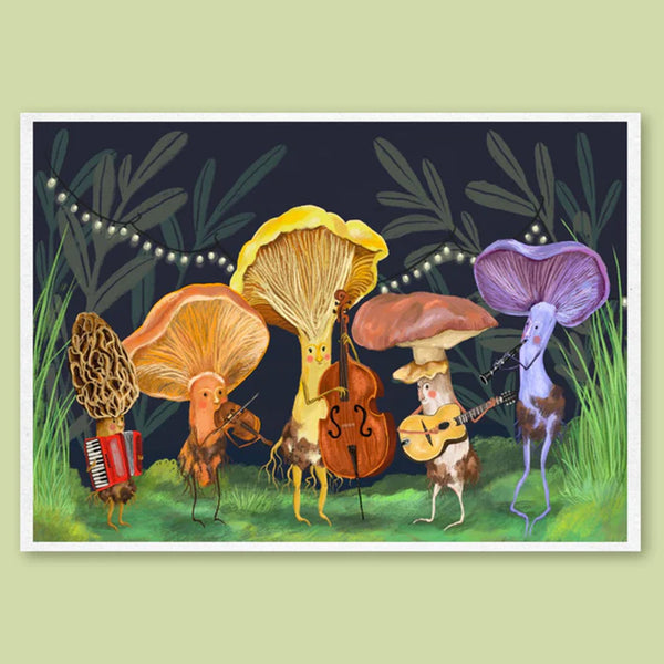 Illustration of mushrooms playing musical instruments in a forest setting
