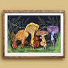 Framed artwork of mushrooms playing musical instruments on a wall.
