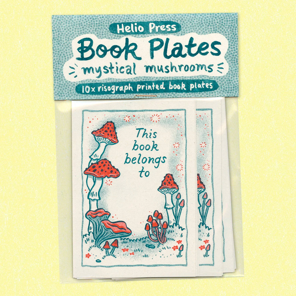 A pack of illustrated mushroom book plates with words 'This book belongs to'.