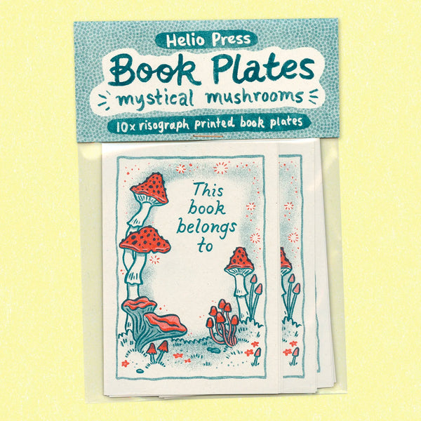A pack of illustrated mushroom book plates with words 'This book belongs to'.