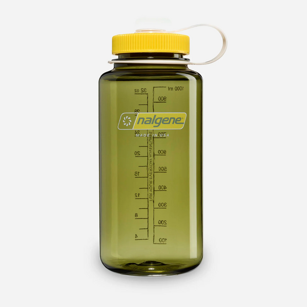 A translucent olive green Nalgene water bottle with a bright yellow cap and white carry loop, shown on a light grey background.
