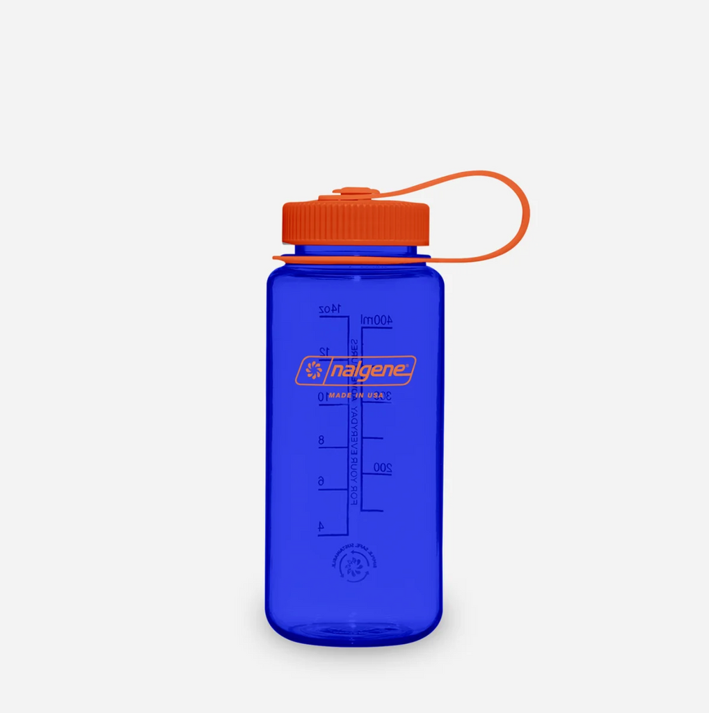 A translucent blue Nalgene water bottle with an orange screw cap and matching orange carrying loop, shown on a light grey background.