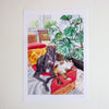 Illustration of a dog and cat on a red cushion with plants in the background