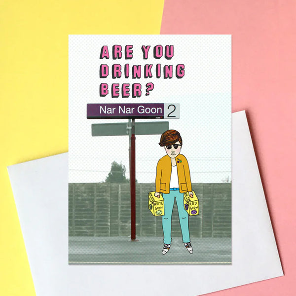 Greeting card with illustration of a person holding beer cans and text 'Are you drinking beer?' on a colourful background.