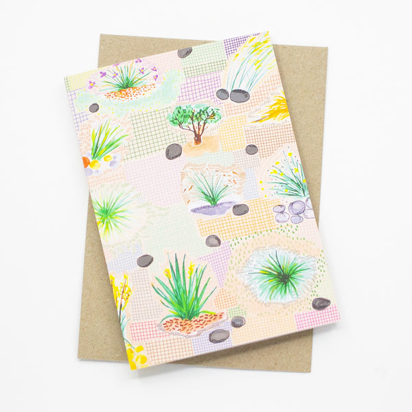 A front view of the Native print card. Multiple native plants over a colourful grid background.