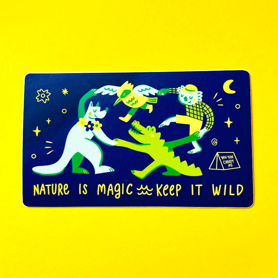 A rectangular sticker with rounded corners featuring a dark blue background and colourful cartoon animals in green, yellow, and white, with the text 'NATURE IS MAGIC KEEP IT WILD' at the bottom, displayed on a bright yellow background.