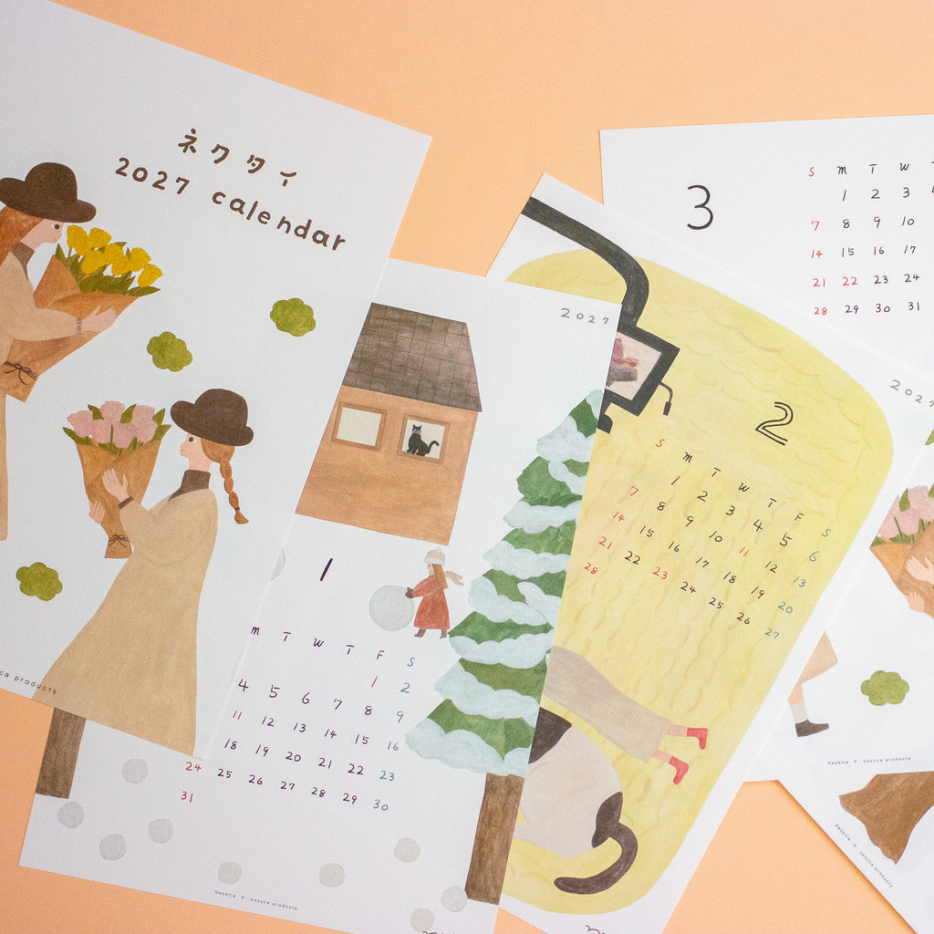 A set of illustrated 2027 calendar pages spread out on a peach background. The pages feature hand-drawn winter scenes with people holding flower bouquets, a house, a snowy tree, and monthly grids in Japanese.